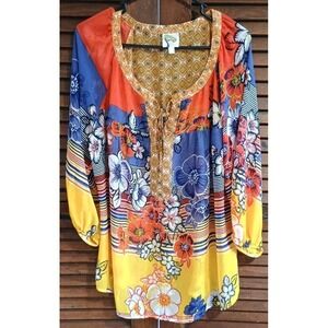 Anthro Fig & Flower Yellow Floral Print Bohemian Peasant Artsy Shirt Top Sz 2X